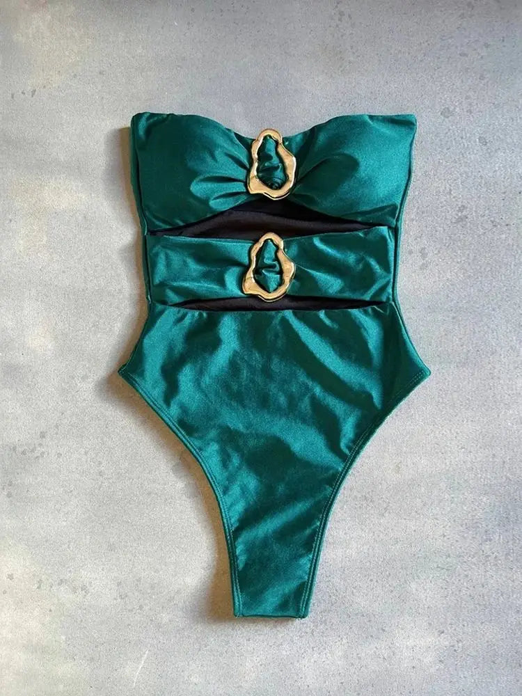 Monokini Anneaux Dorés — Vert & Nude